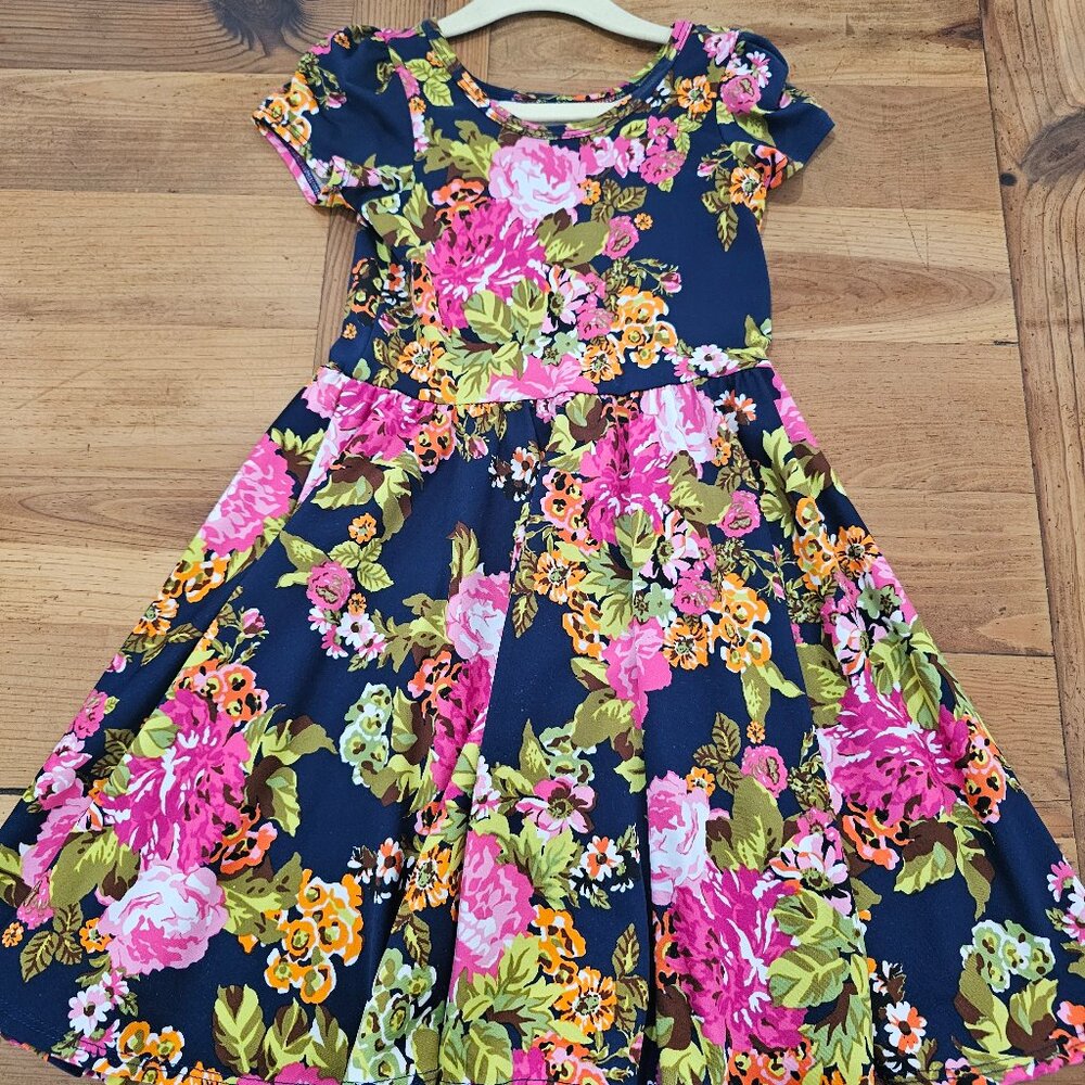 Dot Dot Smile 3/4 Kids Cap Sleeve Dress Blue Pink Floral Roses Swing Flowy Twirl